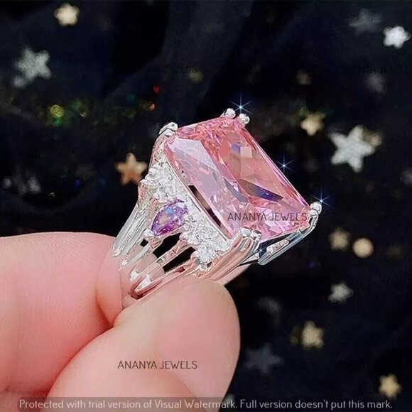 Stunning 4Ct Lab Grown Pink Sapphire Engagement Ring in 14K White Gold Plating - Picture 5 of 5